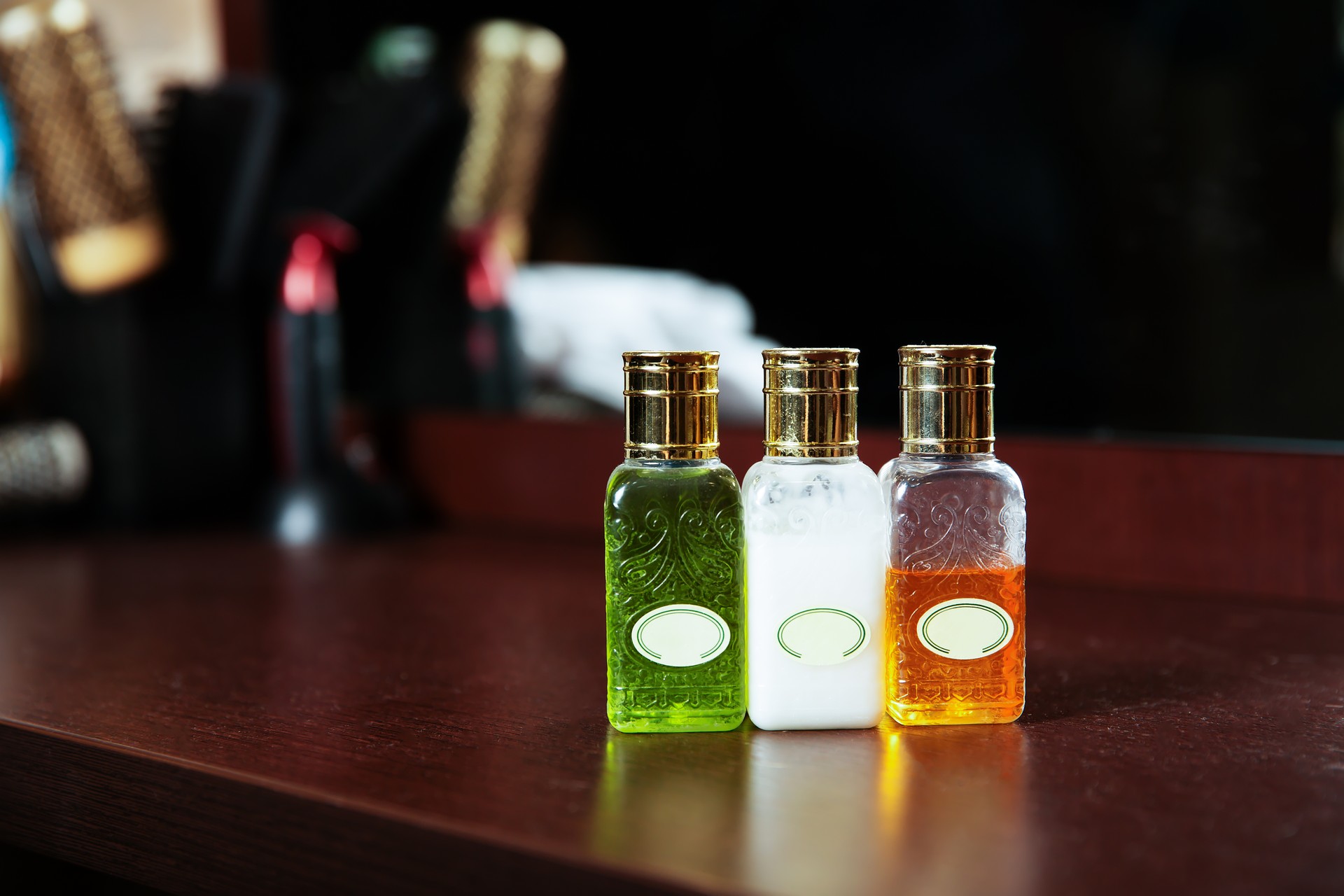 Hair care products in bottles. Hair care products in bottles.